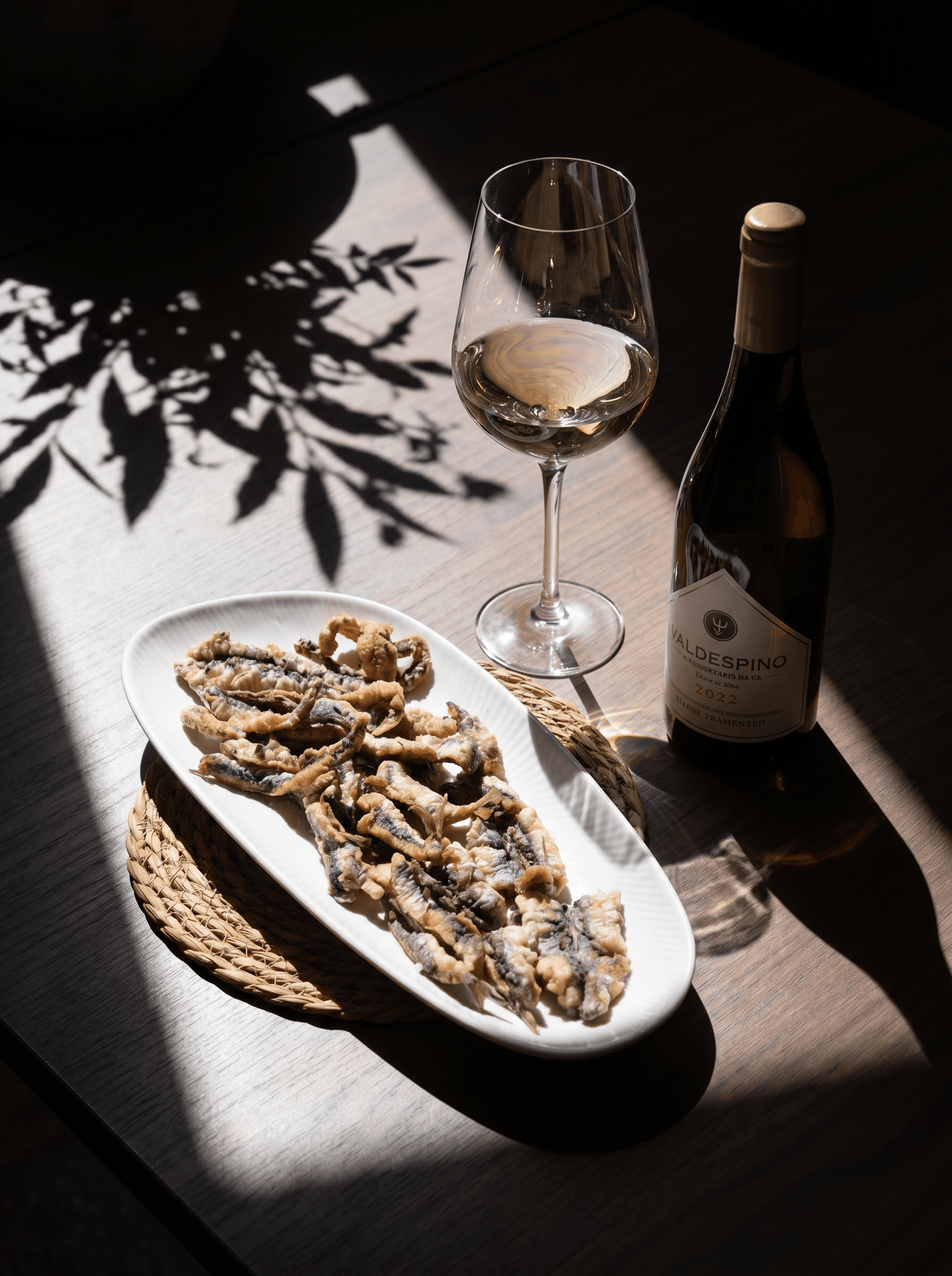 Butterflied fried anchovies on an oval plate, from our coastal fried dishes · Acontramar, La Herradura